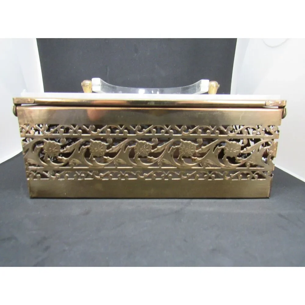 Lucite pearl purse box brass filigree trim with Mirror handbag 1950 mid century
